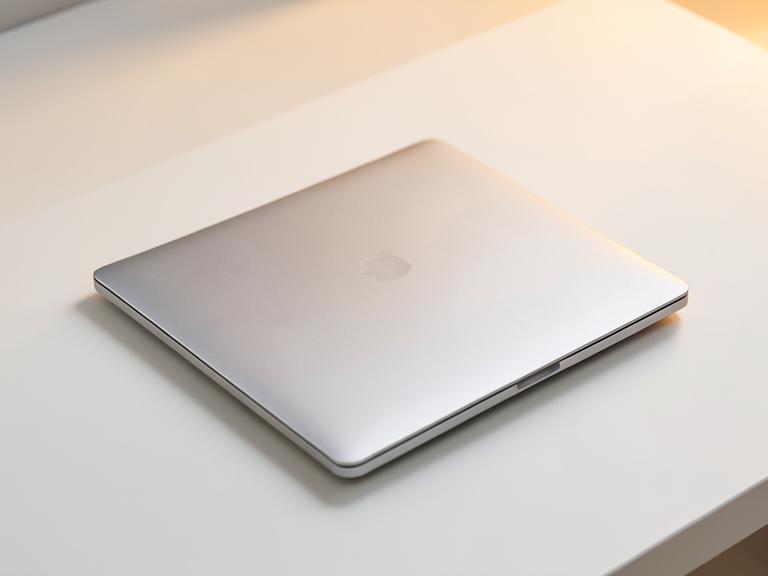 A silver laptop photographed on a desk